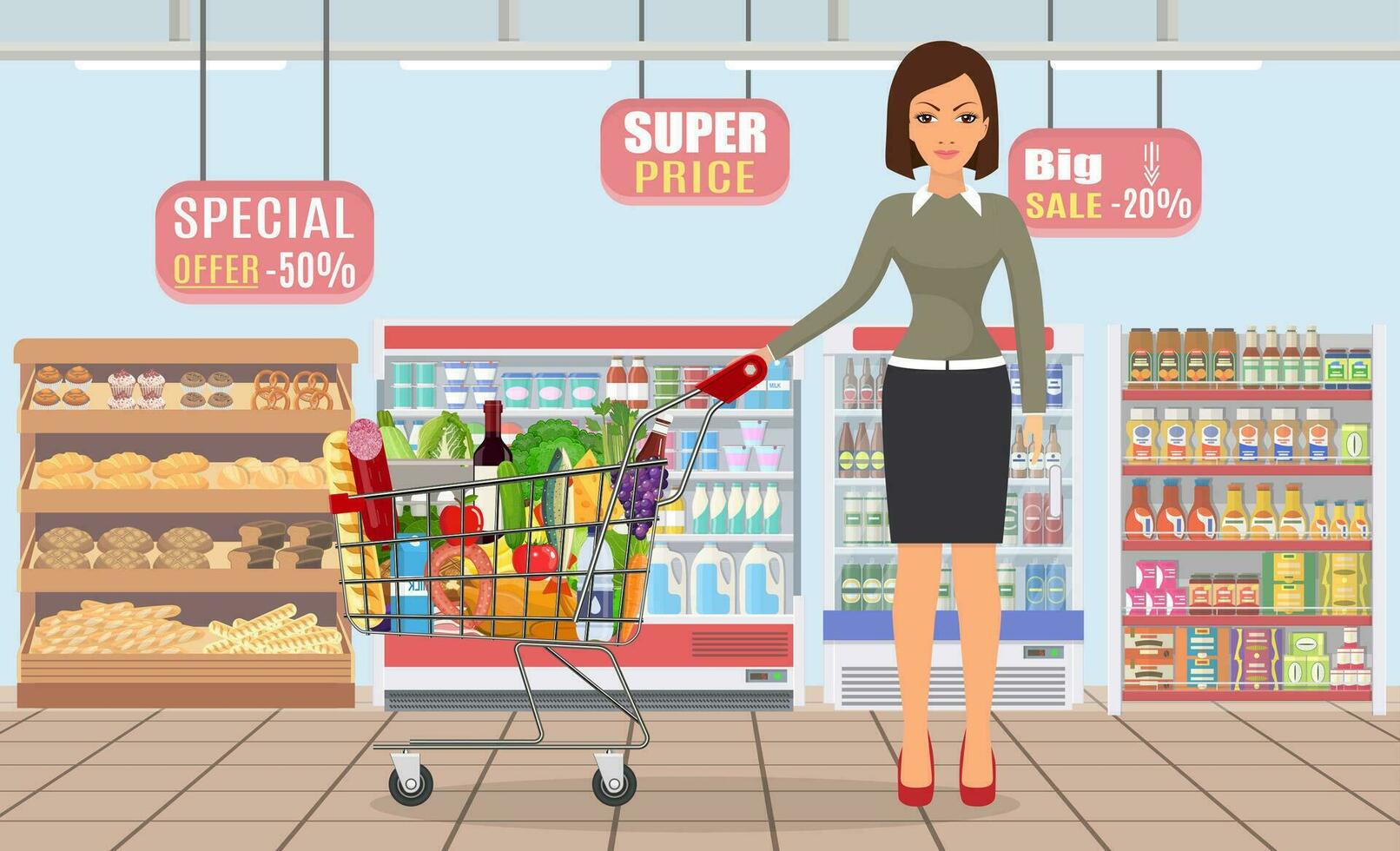 joven mujer emprendedor supermercado compras carro lleno de comestibles. vector ilustración en plano estilo