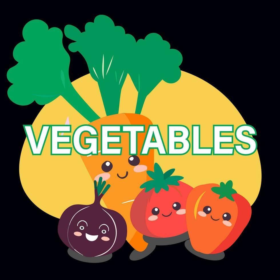 Vegetables vector illustration. Cute cartoon characters carrot, onion, tomato, eggplant. Vegetarian concept.