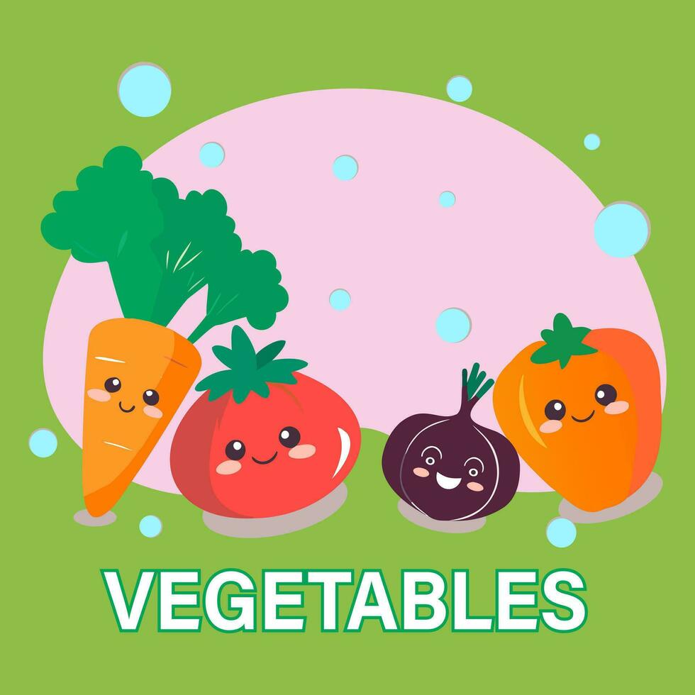 Vegetables vector illustration. Cute cartoon characters carrot, onion, tomato. Vegetarian concept.