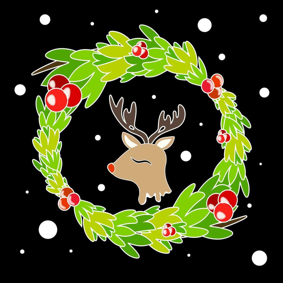 Christmas wreath with reindeer and berries. Vector illustration.