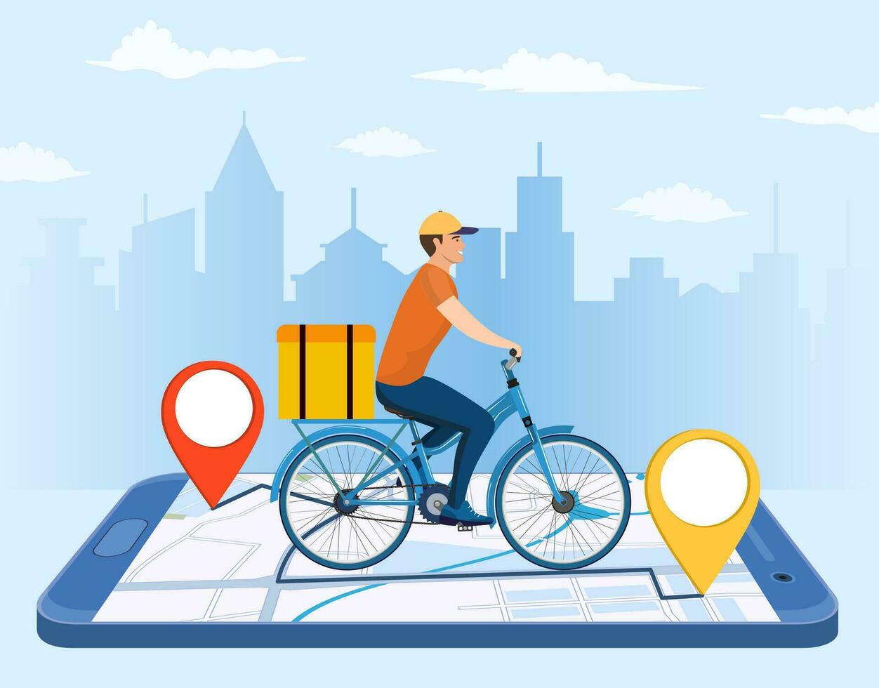 Online delivery service concept, online order tracking, delivery home and office. bicycle courier. Isometric concept, goods shipping, food online ordering. Vector illustration in flat style