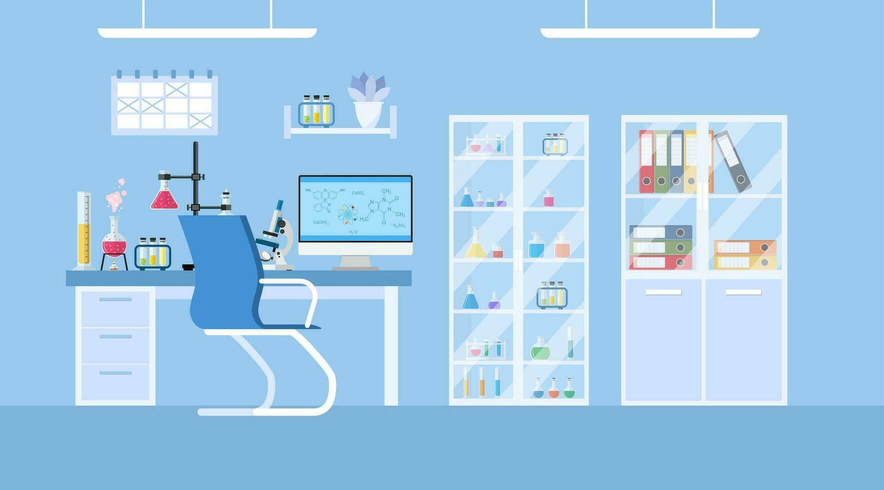 Chemical laboratory science and technology coronavirus 2019-nCoV. Scientists workplace concept. Science, education, chemistry, experiment, laboratory concept. vector illustration in flat design