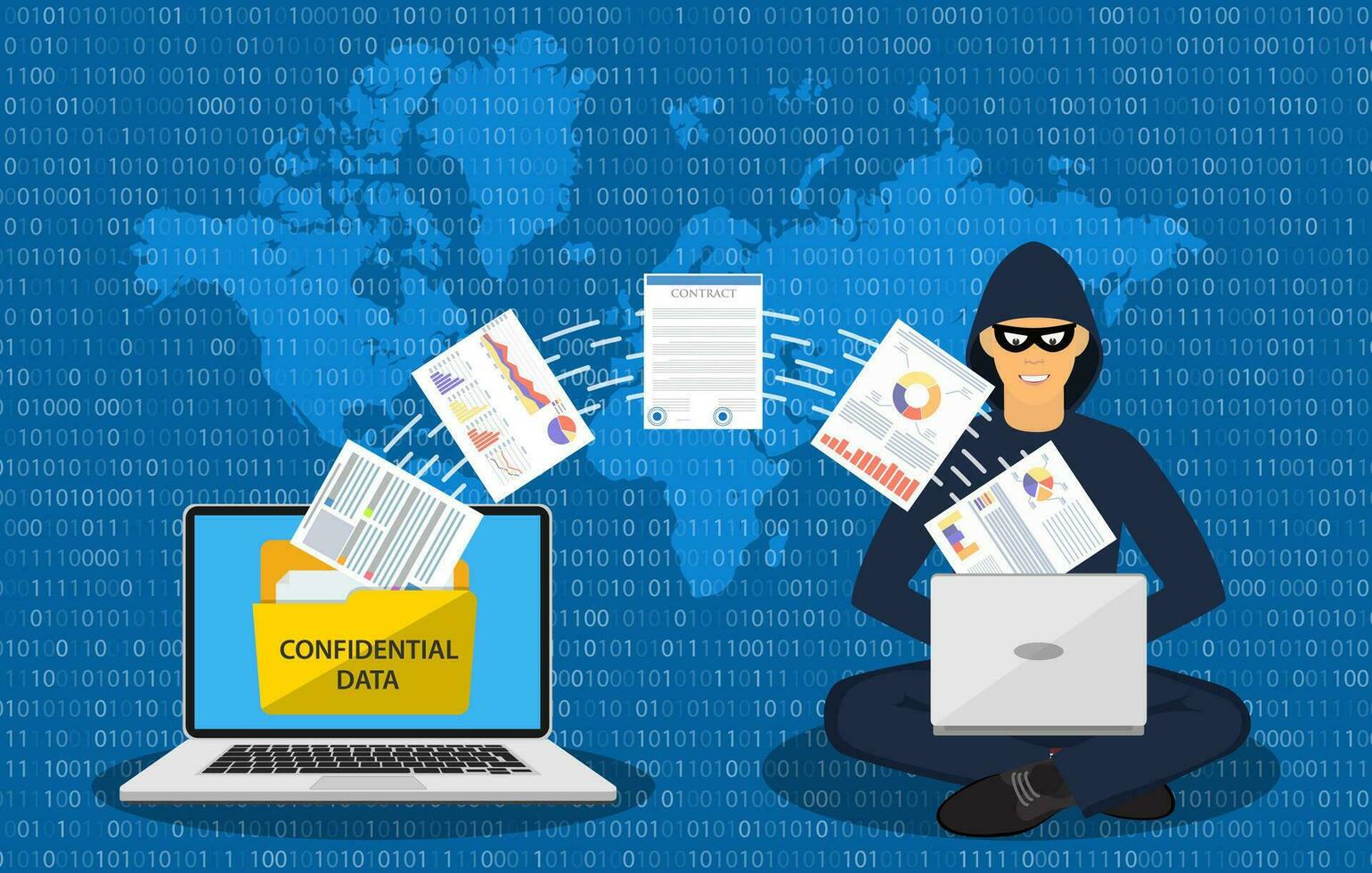 Data phishing, hacker attack.Thief hacker in mask stealing personal information from laptop. Concept hacking. Vector illustration in flat style