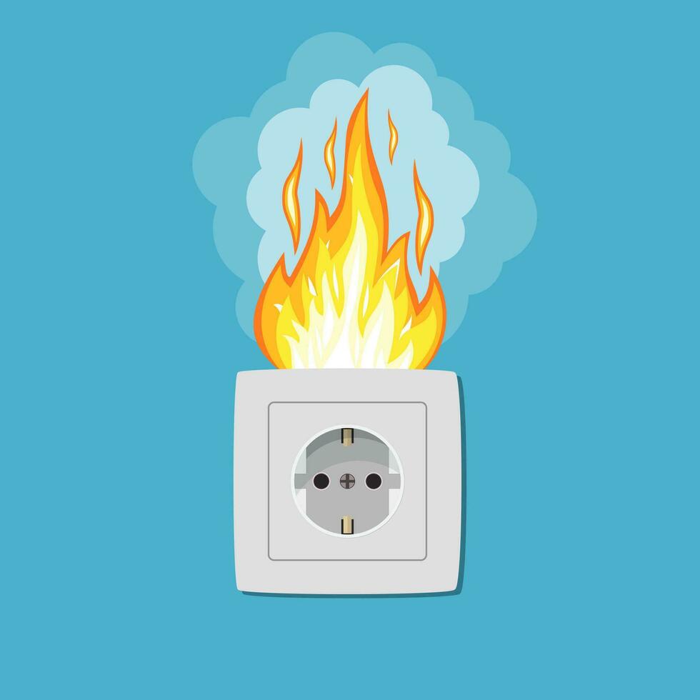 Socket in fire. Electric circuit broken. Overload electrical connection. Flame plug. Vector illustration in flat style