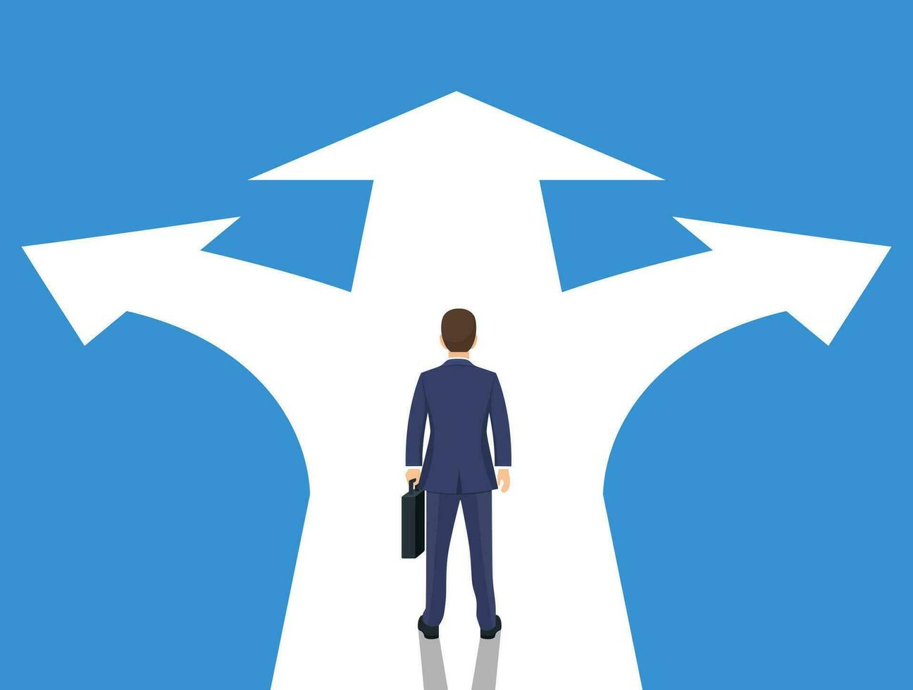 Choice way concept. Businessman before choosing. Crossroads arrows. Decide direction. Human standing choice of ways. Vector illustration flat style