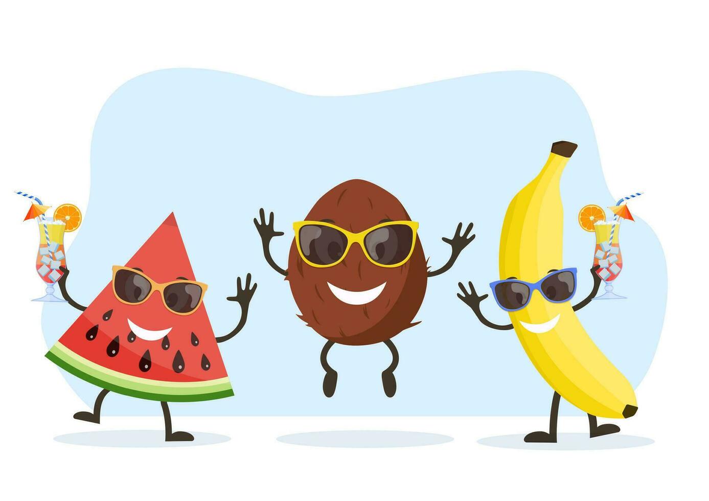 Funny watermelon, banana and Coconut character with human face and cocktail glass having fun at party. Colorful summer design. Vector illustration in flat style
