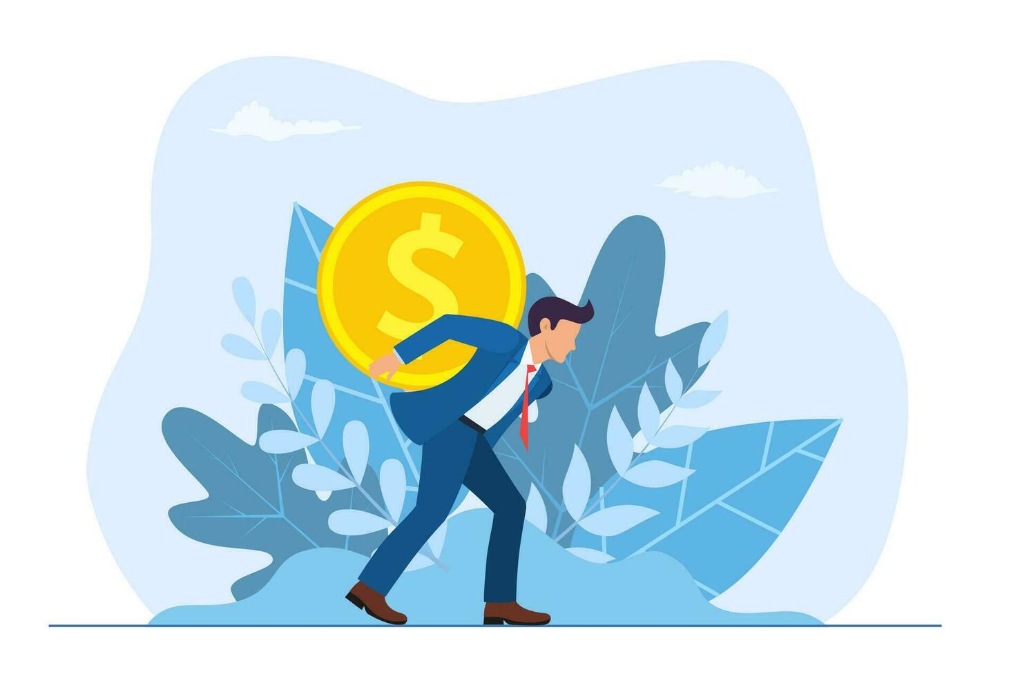 Man carrying golden coin with dollar sign on back, attraction and accumulation of capital concept. cash and investment. Vector illustration in flat style.