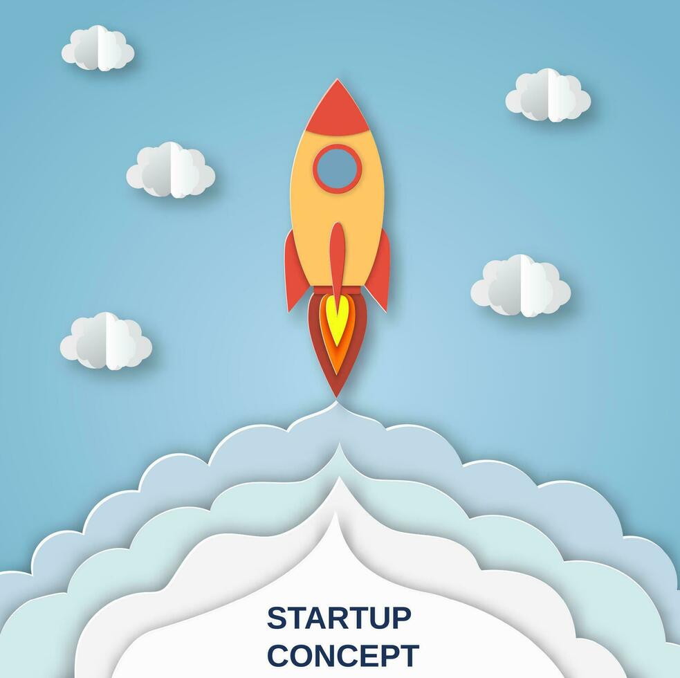 Rocket for startup business project. Paper cut startup poster template with space rocket. Concept business idea, startup, exploration. flyers, banners, posters and templates design. vector