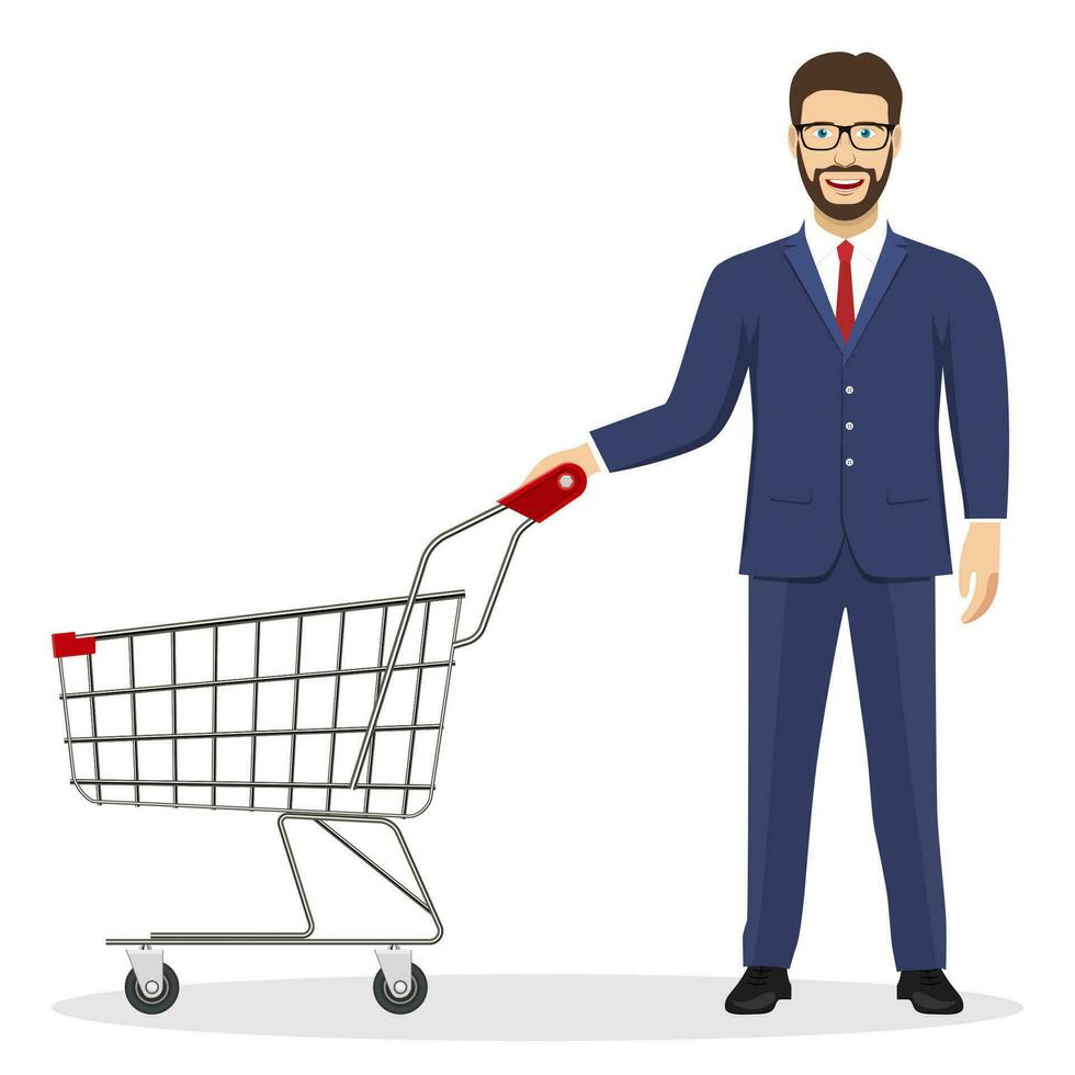 businessman pushing supermarket shopping cart. isolated on white background. Vector illustration in flat style