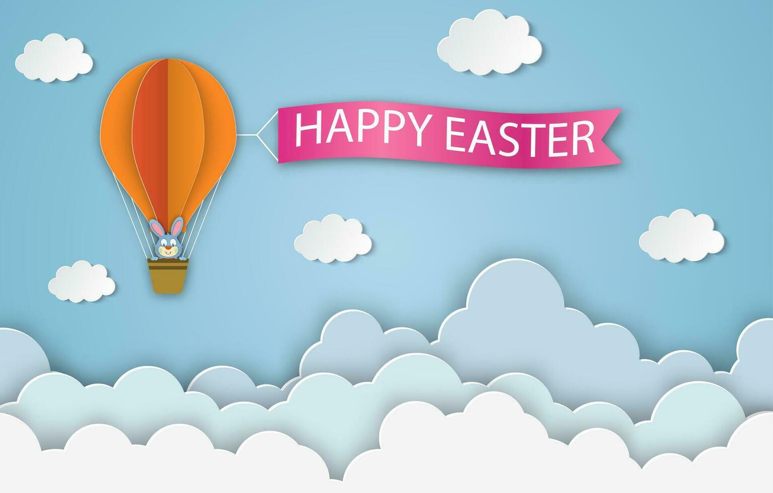 Happy Easter card with bunny. air balloon woth blue sky background. 3d abstract paper cut. Happy easter banner template. Greeting Card. Spring holiday flyers, banners, posters and templates design. vector