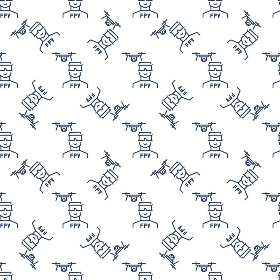 FPV Drone and Man with Goggles vector concept outline seamless pattern