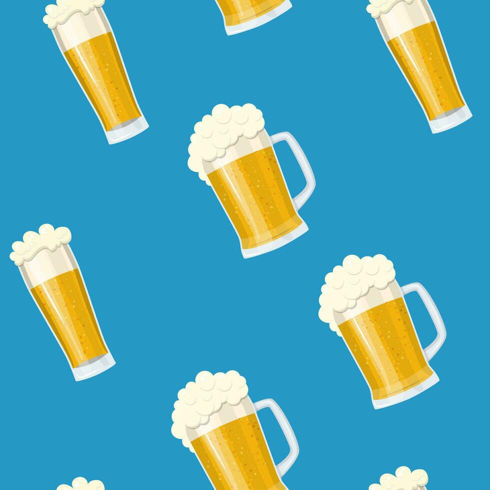 Seamless pattern mug of beer. Bar card. Alcohol party background. Pint beer. Beer poster. Vector illustration in flat style