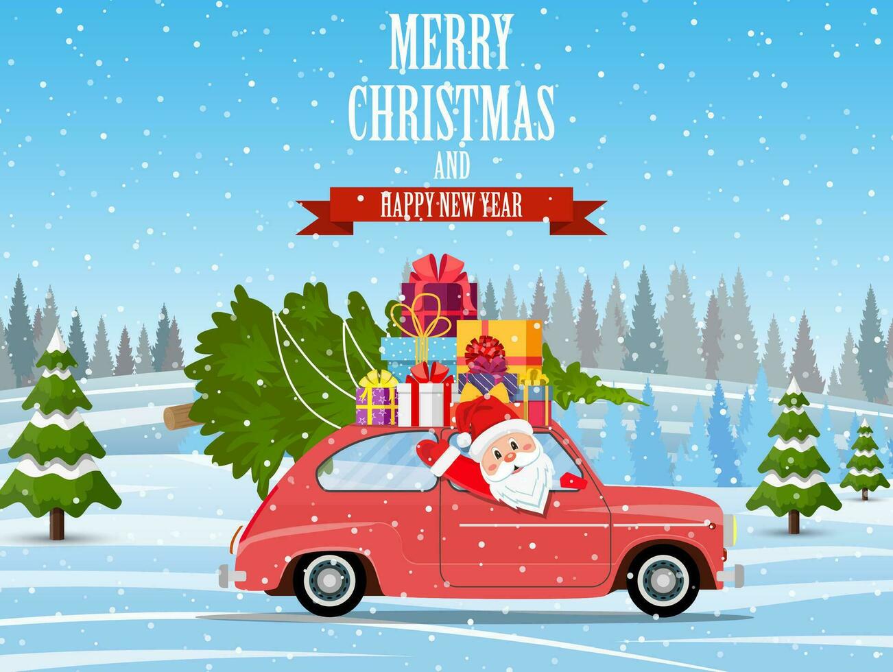 Retro car with Christmas tree vector