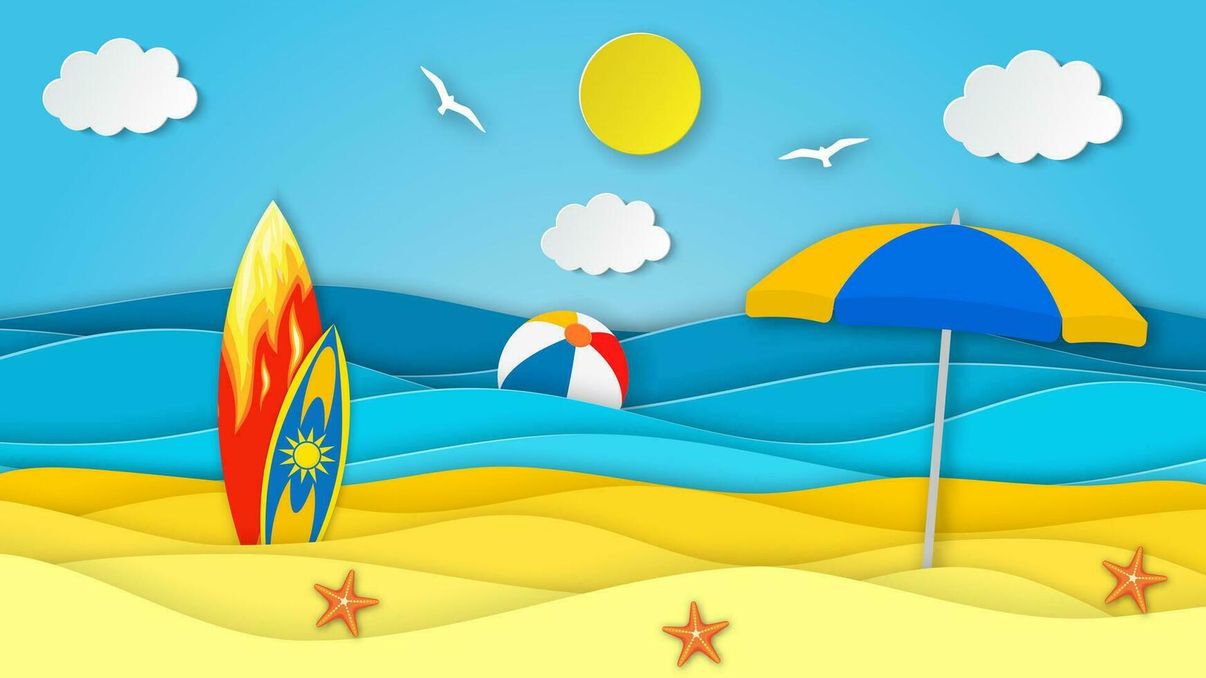 Sea landscape with beach, surfboard,umbrella, waves, clouds. Paper cut out digital craft style. abstract blue sea and beach summer background with paper waves and seacoast. Vector illustration