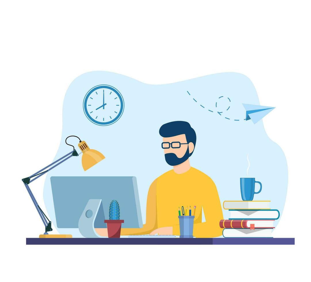 hombre trabajando en Internet utilizando ordenador portátil y Bebiendo café. trabajo a hogar. educación o trabajando concepto. mesa con libros, lámpara, café taza. vector ilustración en plano estilo