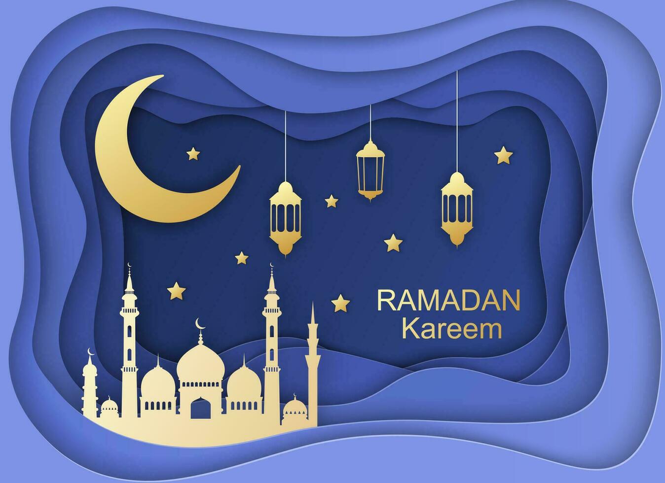 Ramadán kareem saludo tarjeta, diseño con 3d papel cortar símbolos de Ramadán mubarak, colgando oro linternas, Arábica lámparas, mezquita, estrella, papel Arte vector y ilustración
