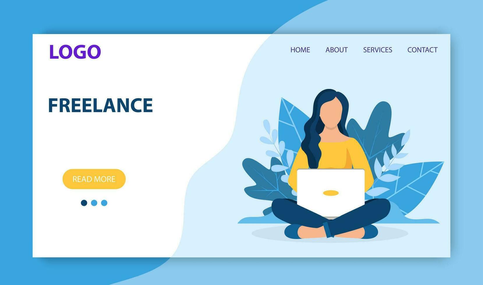 Freelance work landing page template. Concept design for poster, banner, flyer, web page. Woman with laptop sitting in nature with crossed legs. Vector illustration in flat style