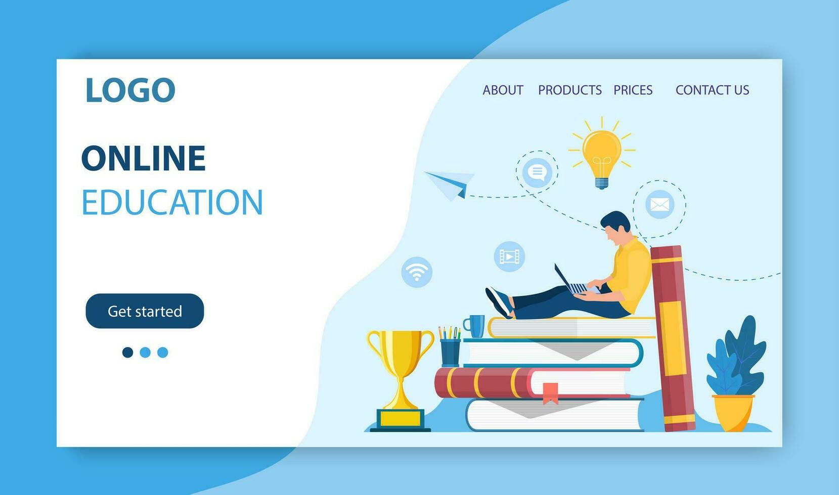 Online education landing page. man sitting on pile of books. Concept illustration for school, education, university. Vector illustration in flat style.