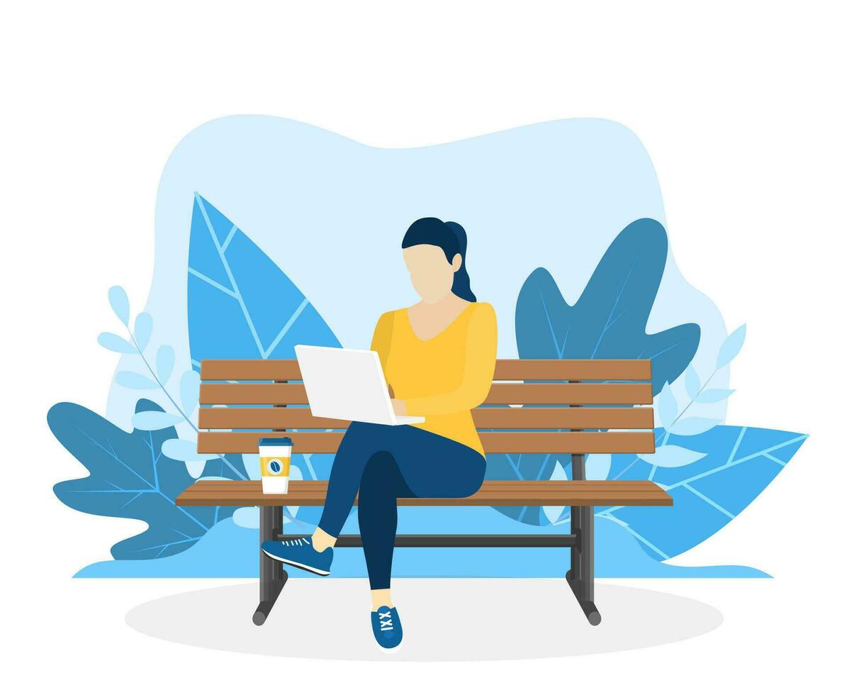 Woman with laptop sitting on the bench in nature with crossed legs. Freelance or studying concept. web page design template for online education, training. Vector illustration in flat style