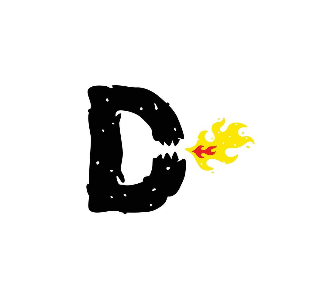 Letter D, an image of a fire-breathing dinosaur and a reptile. Vector illustration.  Logo, emblem for the company. Icon. Toothed black letter D with fire and flame.
