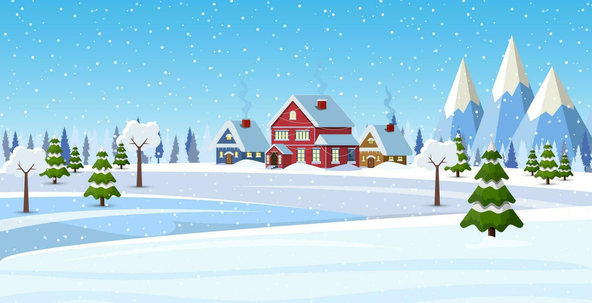 Navidad paisaje antecedentes con nieve y árbol. alegre Navidad día festivo. nuevo año y Navidad celebracion. vector ilustración en plano estilo