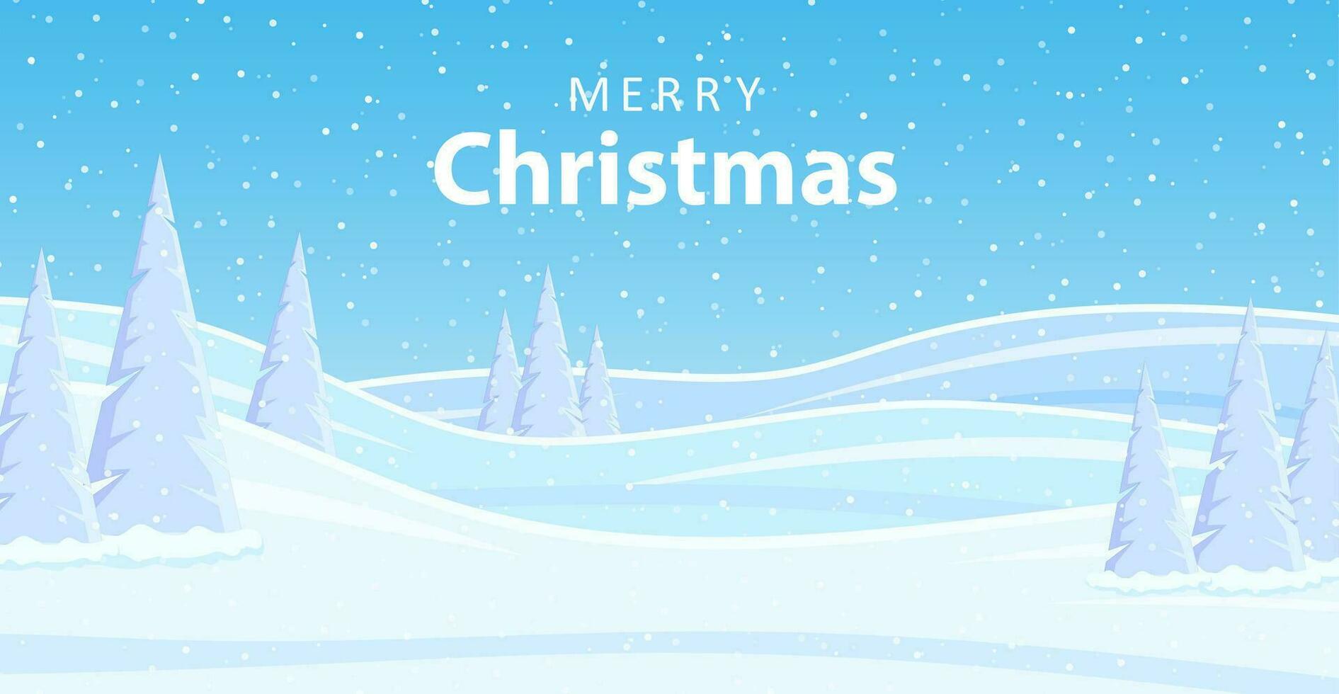 Christmas landscape background with snow and tree. Merry christmas holiday. New year and xmas celebration. Vector illustration in flat style