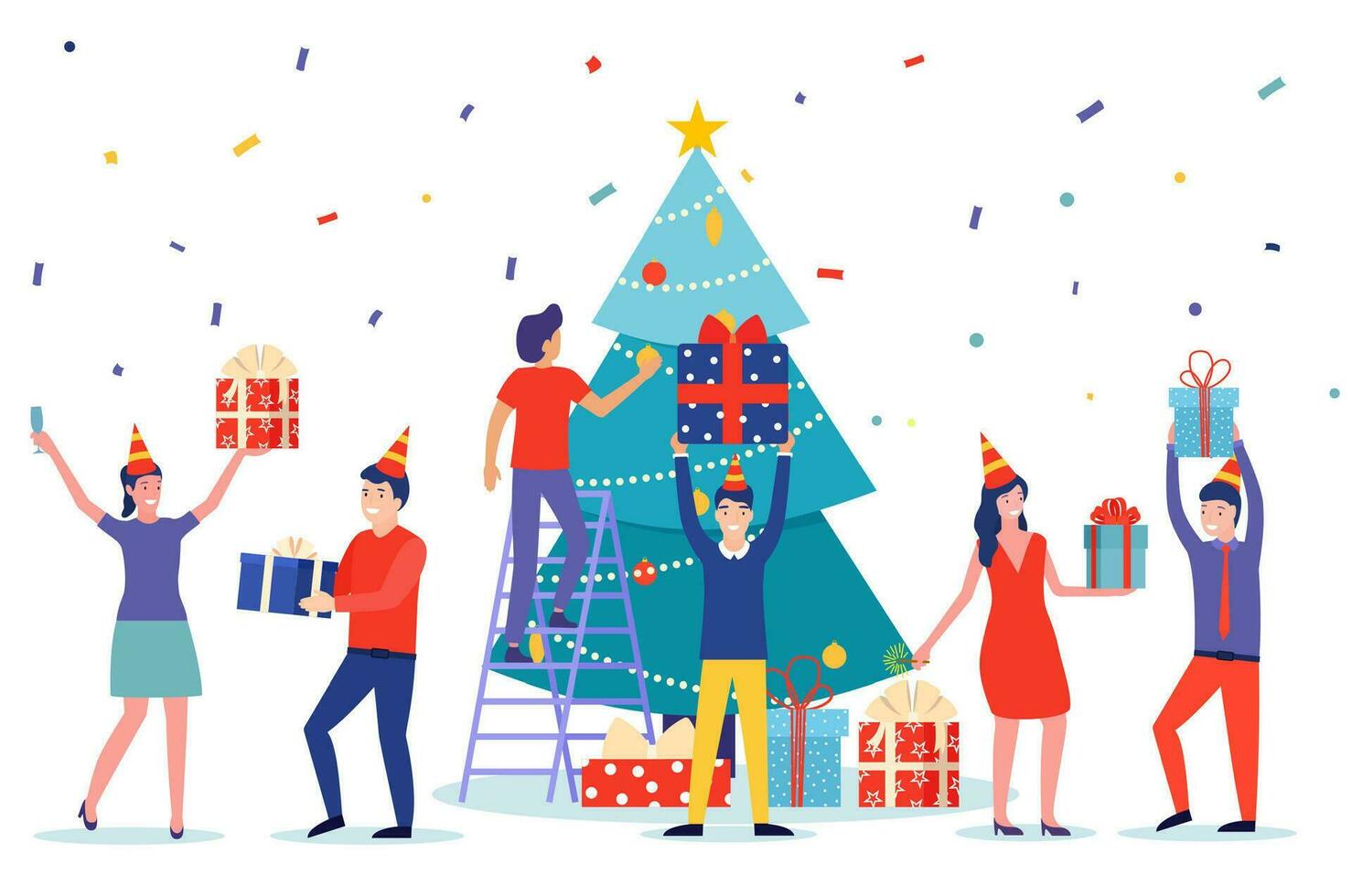 People set christmas tree decoration and give present to each other. celebrate new year. use for, landing page, template, ui, web, homepage, poster, banner, flyer. Vector illustration in flat style