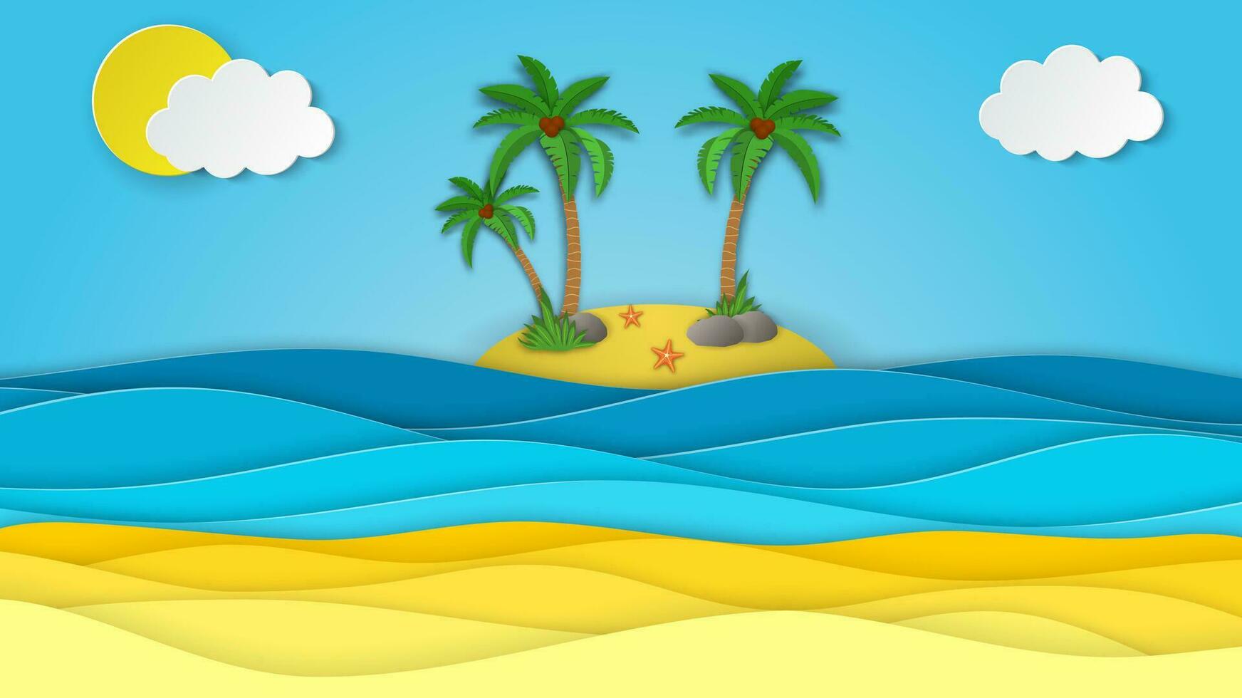 mar ver en claro cielo. papel cortar y arte estilo. azul mar olas blanco aire nubes papel Arte estilo de cubrir diseño. isla con palma y Coco. vector ilustración