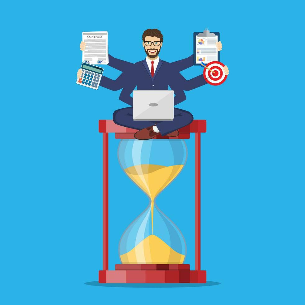 Happy handsome office worker with many hands sitting on an hourglass and doing several actions at the same time. Multitasking, time management concept. Vector illustration in flat style