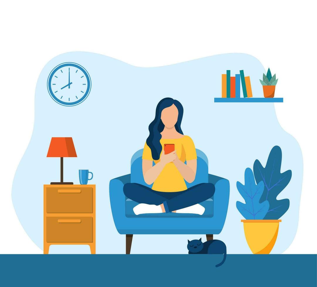 Young girls using phone, sitting legs crossed on chair at home. woman running remotely on freelance, job on smartphone, communicates through social networks. Vector illustration in flat style
