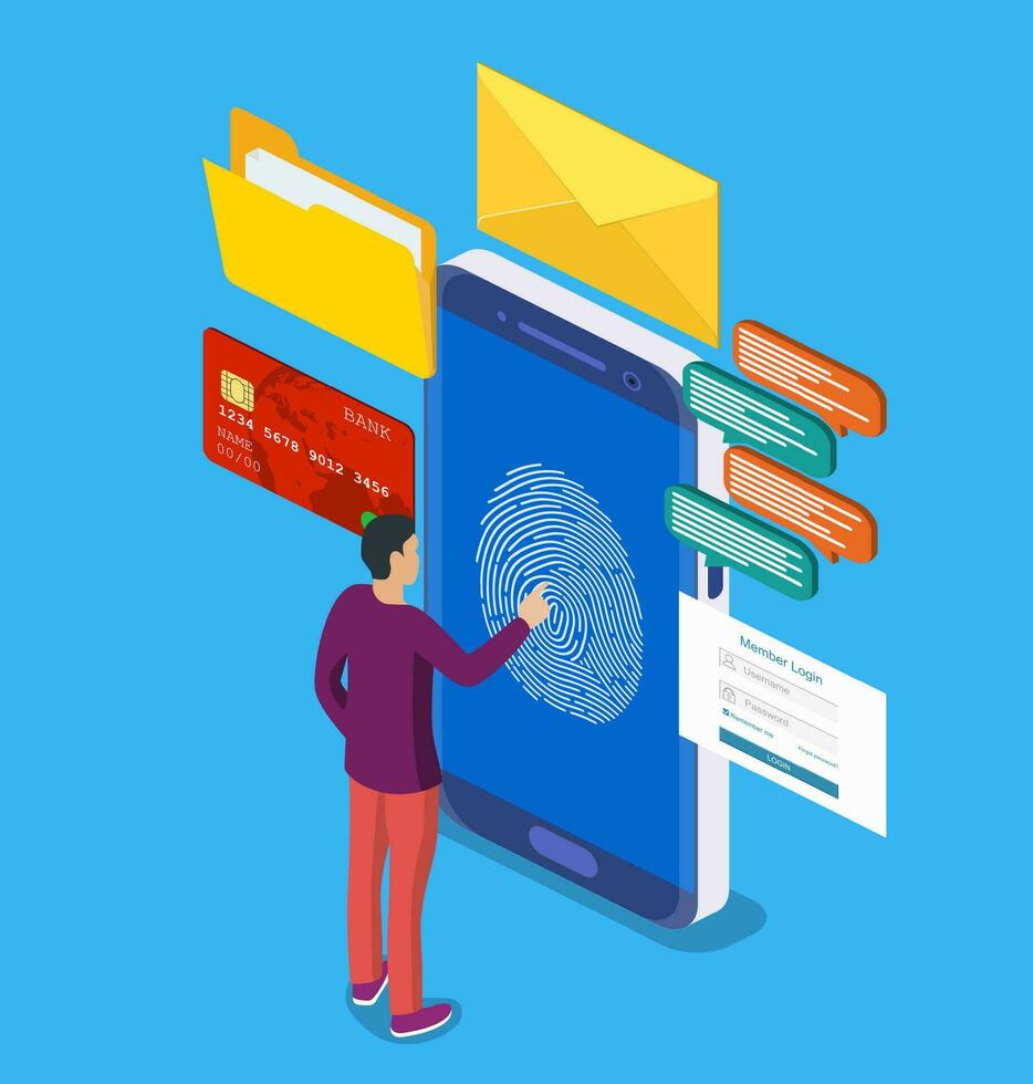 Data protection. Scan fingerprint to mobile phone. Smartphone id security system. Digital signature. Security of users mobile data using personal identification technology. 3d isometric vector