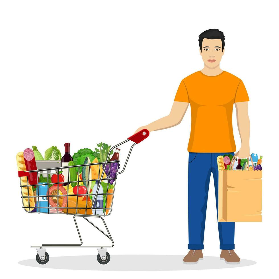man shopping in supermarket. shopping cart. man hold grocery paper shopping bag with food. Vector illustration in flat style