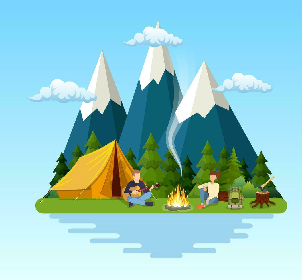 Group of young people are sitting around campfire. Young tourists, campers cartoon characters. Man playing guitar. Vector illustration in flat style