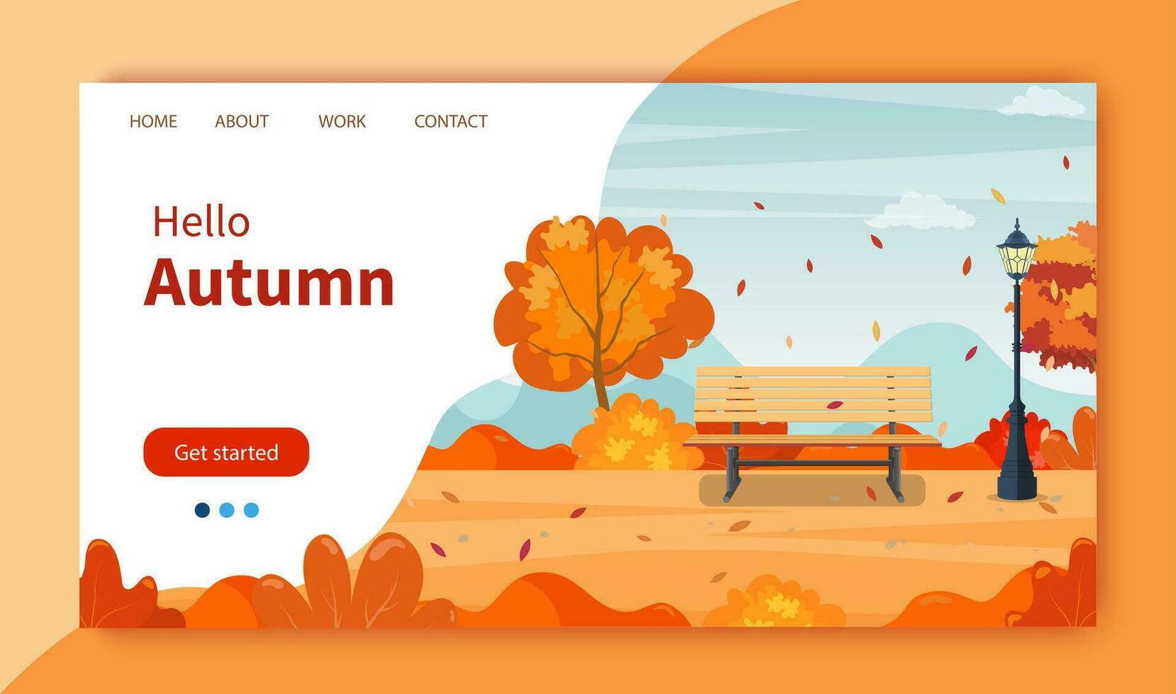 beautiful autumn city park with bench. Beautiful urban fall park for banner, poster, web. Website Landing Page template. Vector illustration in flat style.