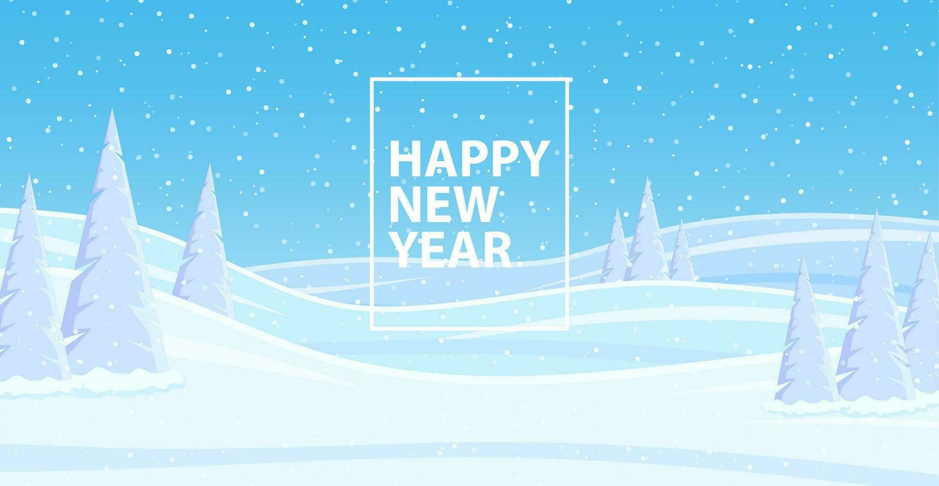 Christmas landscape background with snow and tree. Merry christmas holiday. New year and xmas celebration. Vector illustration in flat style