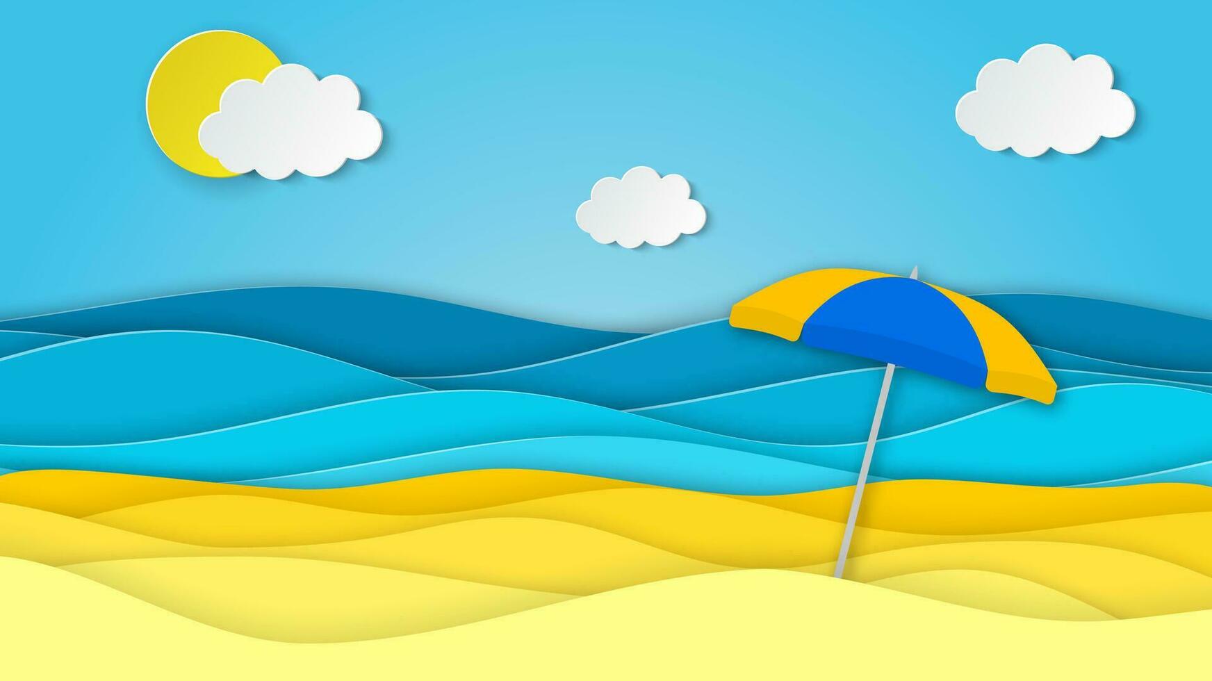 Sea landscape with beach with umbrella, waves, clouds. Paper cut out digital craft style. abstract blue sea and beach summer background with paper waves and seacoast. Vector illustration