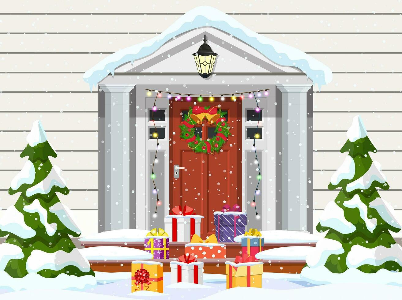 House with Christmas decorations. wooden home entrance facade with Xmas lights, tree and gifts on snow. Merry christmas holiday. New year and xmas celebration. Vector illustration flat style