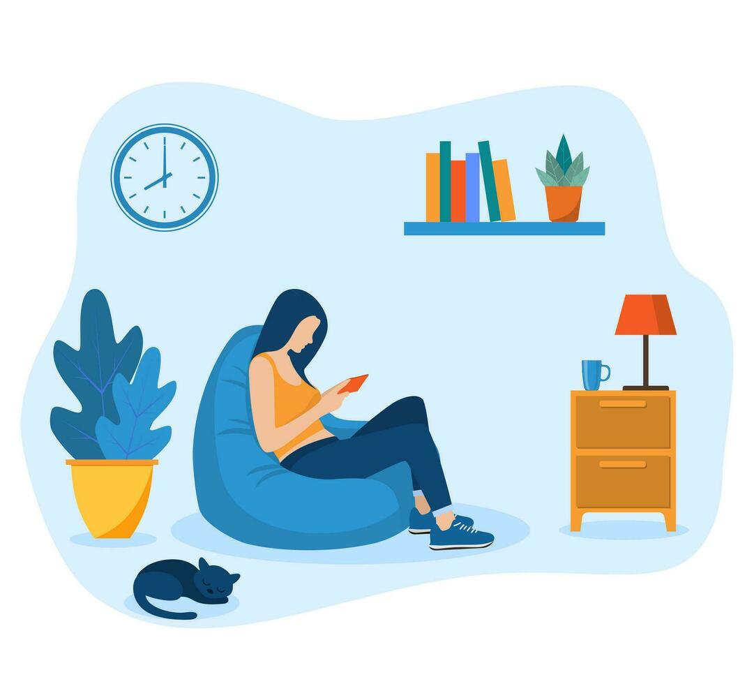 Young girls using phone, sitting in chair bag at home. woman running remotely on freelance, job on smartphone, communicates through social networks. Vector illustration in flat style