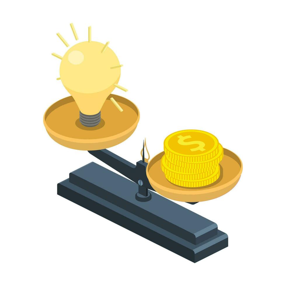 idea y dinero apilar equilibrar en Libra. idea es dinero concepto. isometria 3d icono. inversión en un idea. vector ilustración en plano estilo