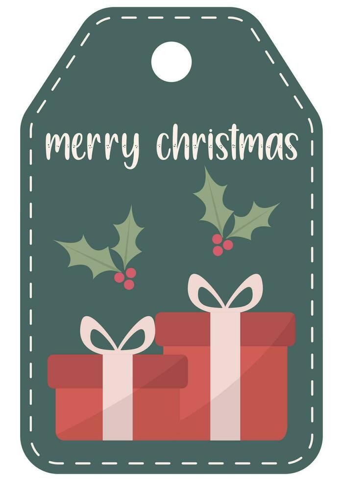 Flat christmas label with gift box. Christmas gift label. vector