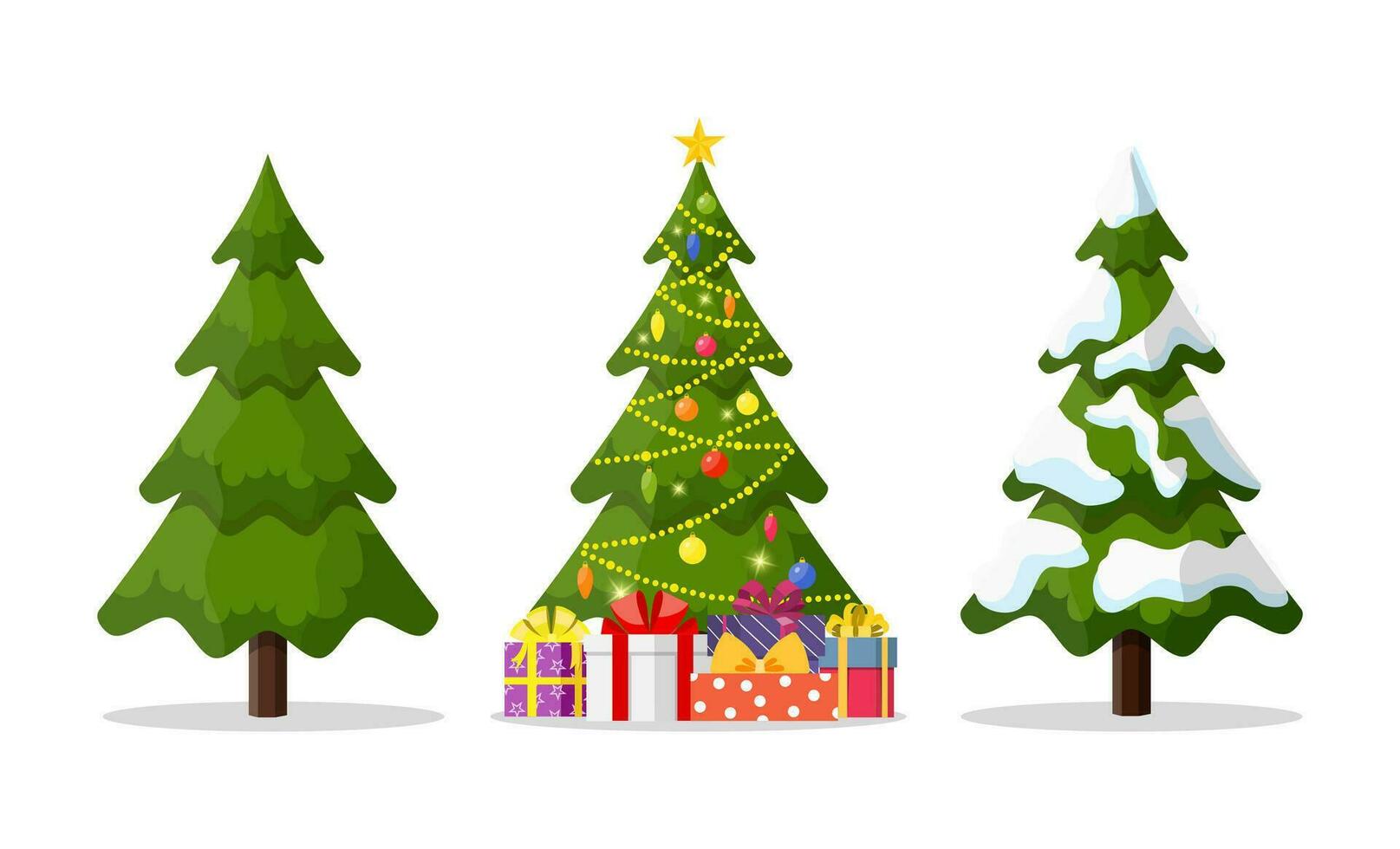 Christmas tree in 3 different situations. Christmas tree and holiday gifts. Fir-tree decorated with a star, balls and garlands. Vector illustration in a flat style