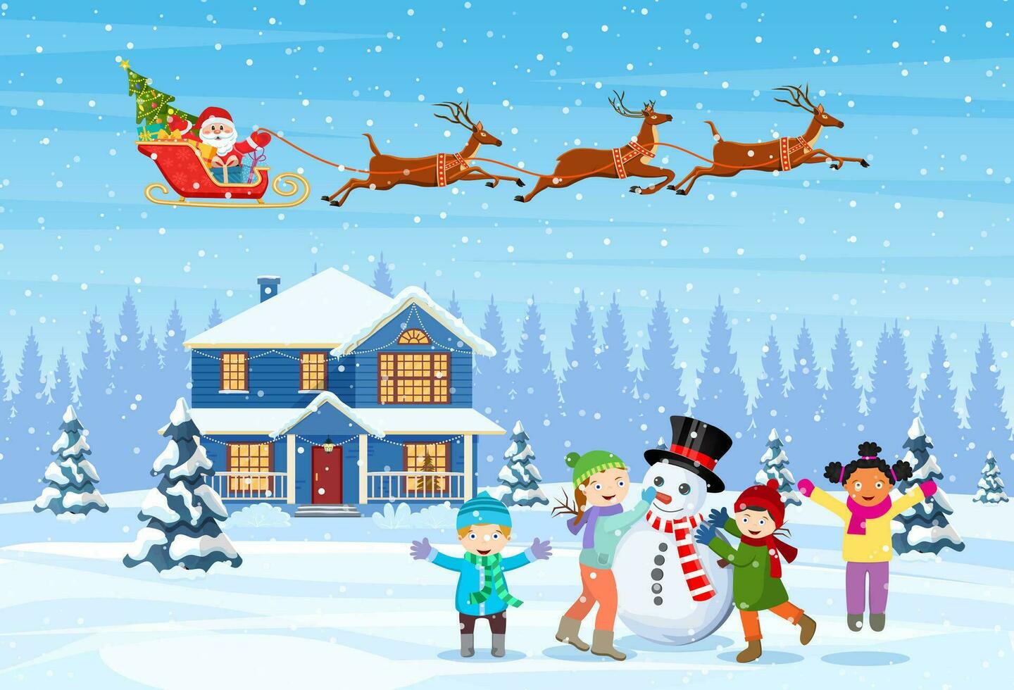 contento nuevo año y alegre Navidad saludo tarjeta. Navidad paisaje. niños edificio muñeco de nieve. invierno vacaciones. Papa Noel claus con ciervos en cielo. vector ilustración en plano estilo