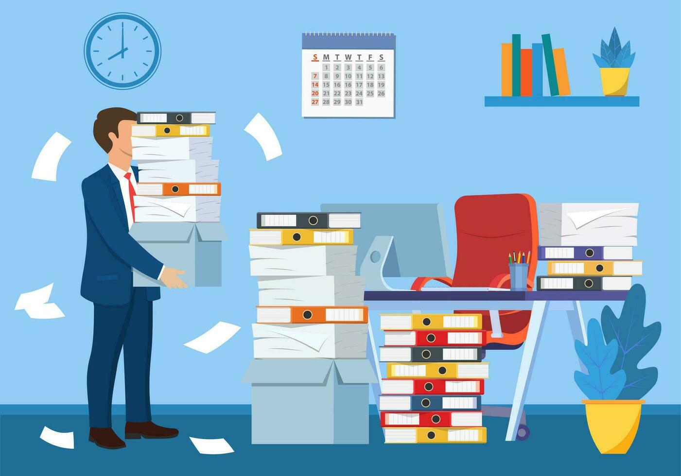 Stressed businessman under pile of office papers and documents. Office building interior. Office documents heap. Vector illustration in flat style