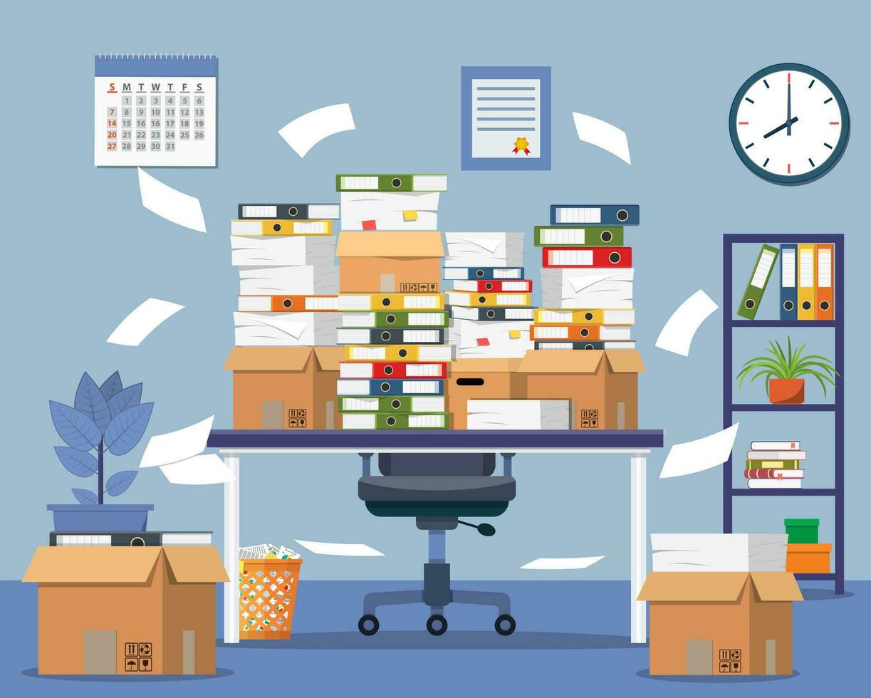 Pile of paper documents and file folders on table. Office building interior. Pile of papers. Office documents heap. Routine, bureaucracy, big data, paperwork, office. Vector illustration in flat style