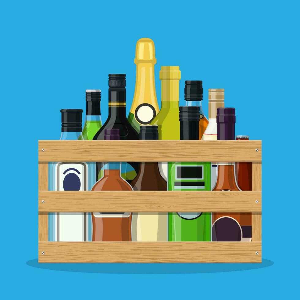 Alcohol drinks collection in box. Bottles with vodka champagne wine whiskey beer brandy tequila cognac liquor vermouth gin rum absinthe bourbon. Vector illustration in flat style
