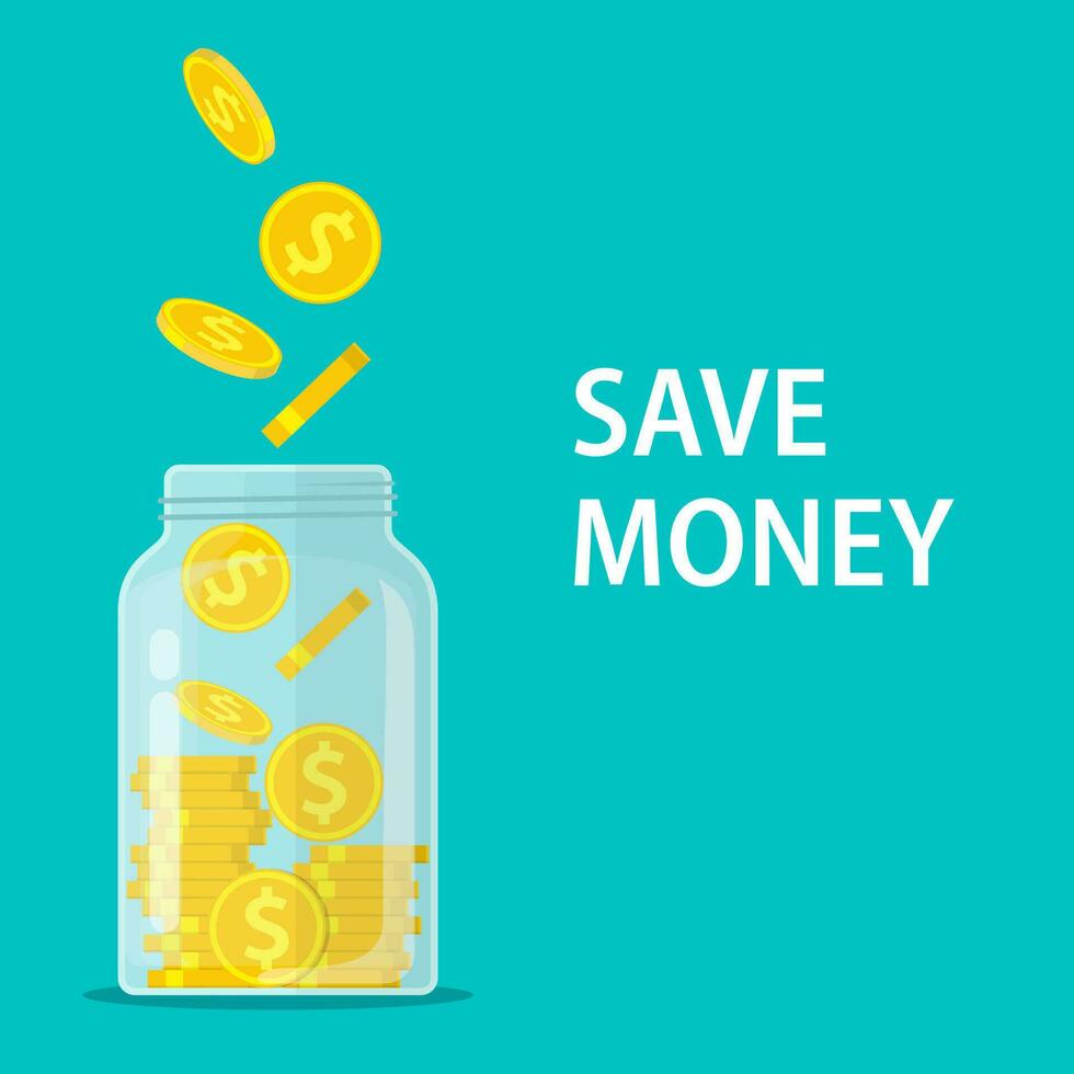 Money Jar. Saving dollar coin in jar. Save your money concept. Vector illustration in flat style