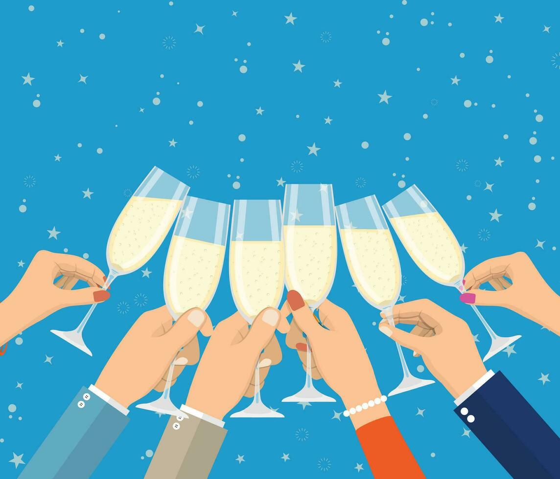 People holding champagne glasses celebrating and having fun. Merry christmas holiday. New year and xmas celebration Vector illustration in a flat style .