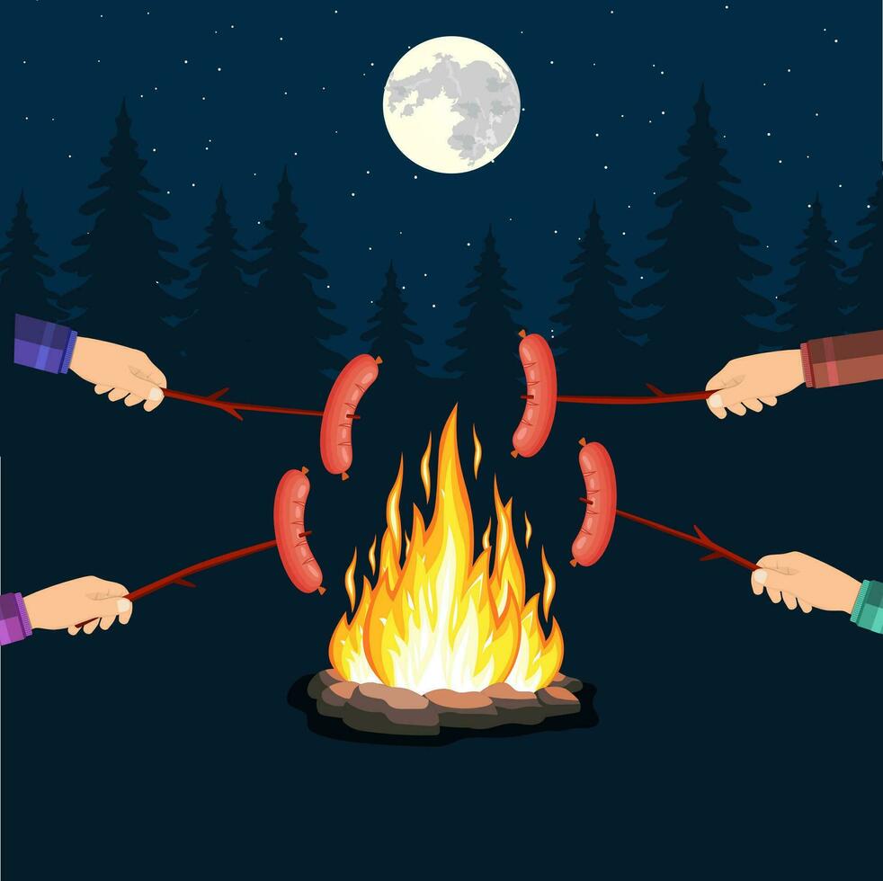 Bonfire with grill sausage, vector