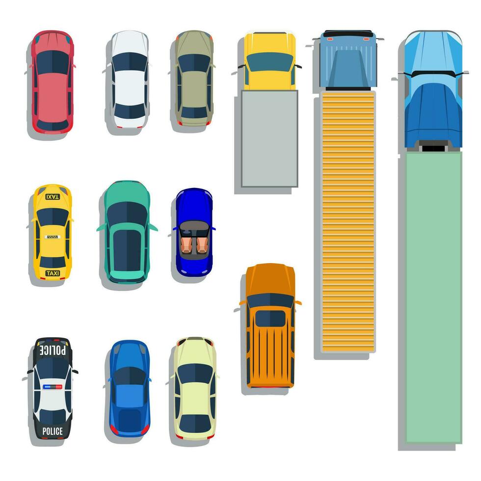 Cars and trucks top view flat icons. Set of car and sedan car. Vector illustration in flat style