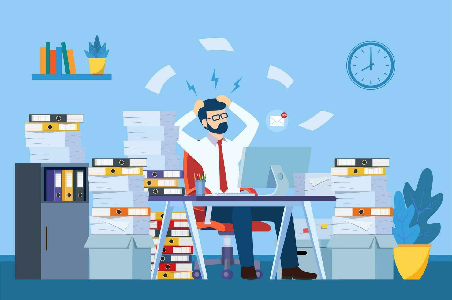 Tired and exasperated office worker is grabbed his head among piles of papers and documents. Stress in the office. Rush work. Vector illustration in flat style